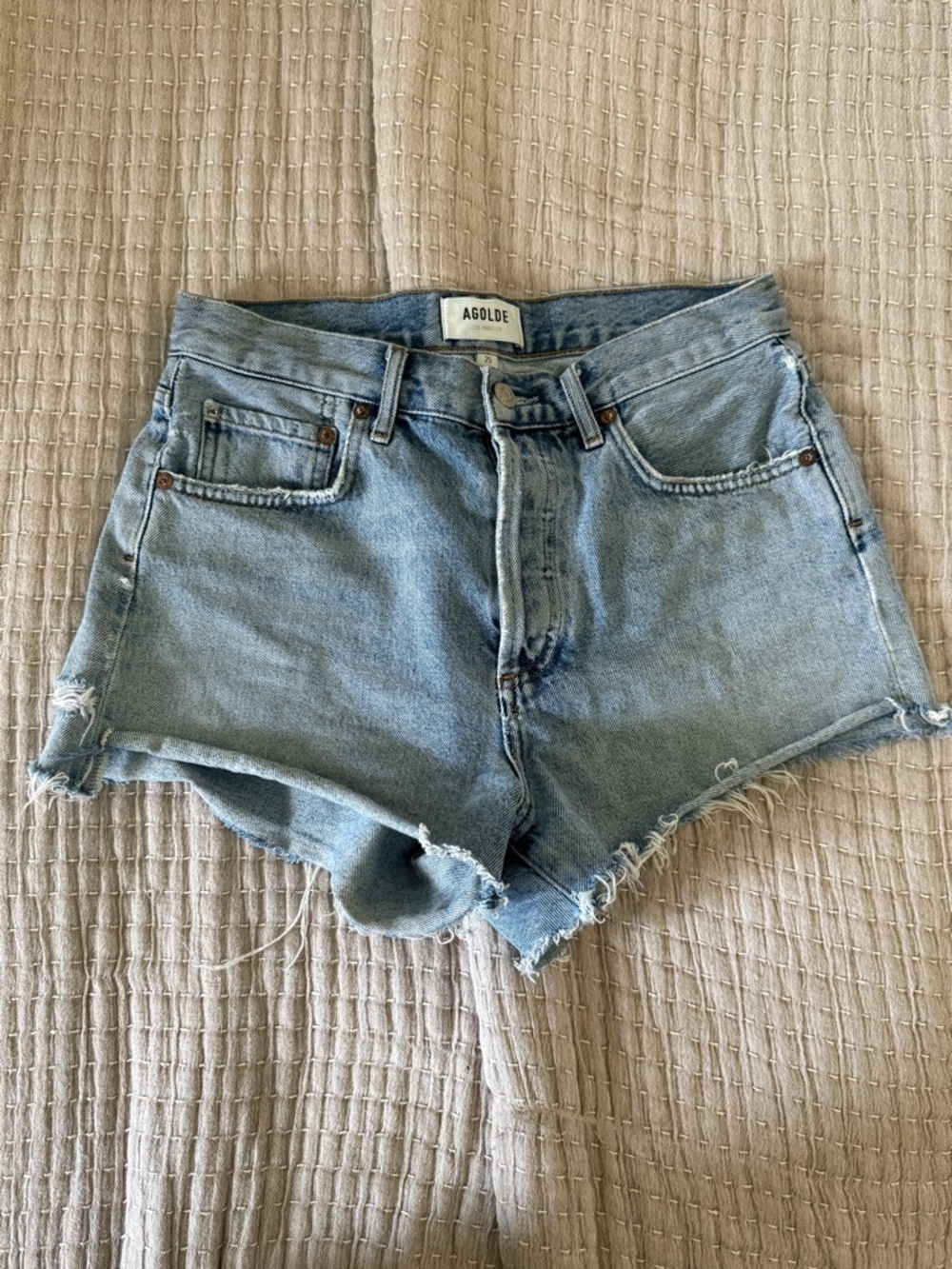 AGOLDE PARKER Light Blue High-Rise Denim Cutoff Shorts